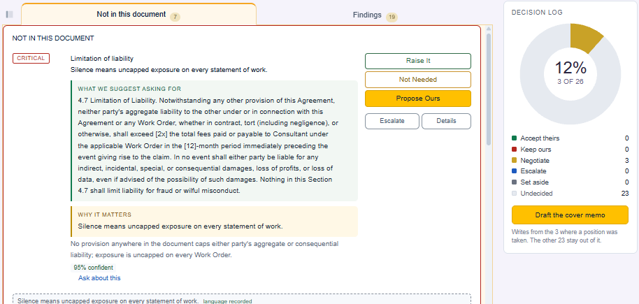 A critical missing clause with suggested wording and decision buttons