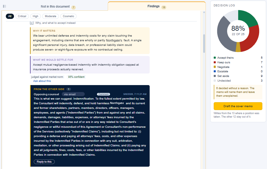 A counterparty reply on a clause, beside the decision log