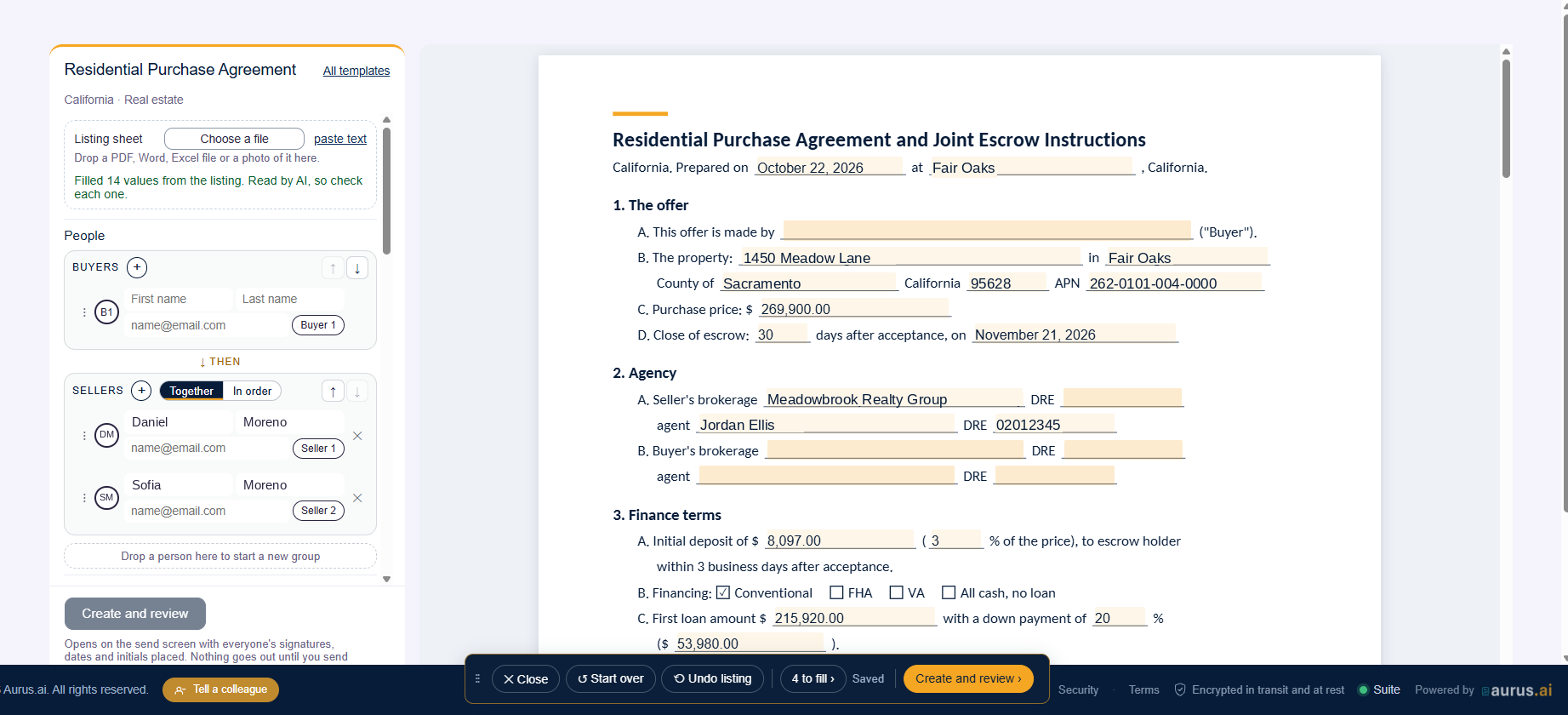 A residential purchase agreement filled from a listing sheet